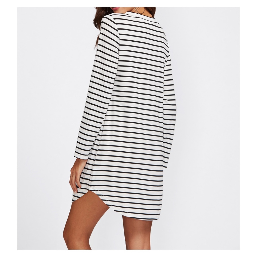 White Black Striped Long Sleeve Curved Tee Dress - Picture 5 of 5